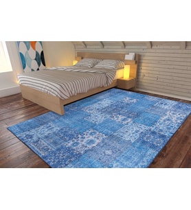 Bespoky Yuvarlak Clichy Mavi Patchwork Pamuk Dijital Baskı Dekoratif Alan Halısı