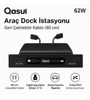 62W–Tesla Model 3/Y/S/X Uyumlu, USB-A + USB-C,80 cm Geri Çekilebilir Kablolu Araç Şarj İstasyonu