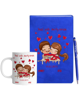 Sevgililer Gününe Özel Mavi Defter Kalem & Kupa Hediye Seti 14