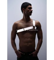 Reflektörlü (Karanlıkta Parlayan) Tek Omuz Erkek Göğüs Harness, Clubwear