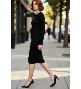 Moda Slim Casual Günlük Fitilli Triko Polo Yaka Uzun Kol Bodycone Midi Boy Elbise