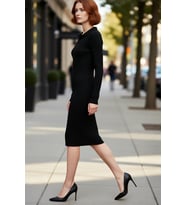 Moda Slim Casual Günlük Fitilli Triko Polo Yaka Uzun Kol Bodycone Midi Boy Elbise