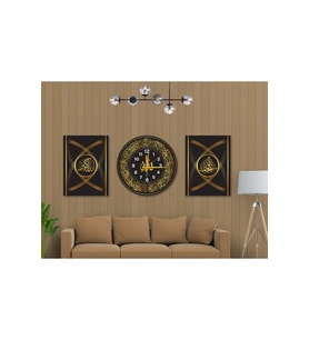 Subhanallah & Allahu Ekber Yazılı 3’lü Dekoratif Duvar Tablo ve Saat Seti Siyah Gold Premium MDF