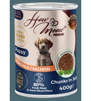 HOW MEOW 12 ADET JÖLELİ PARÇA ETLİ YAVRU KÖPEK YAŞ MAMASI SOMONLU 400 GRAM