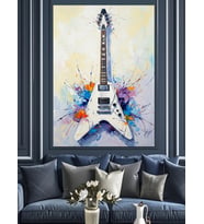 Beyaz Elektro Gitar Çizimi Dekoratif Kanvas - Mdf Ahşap Tablo