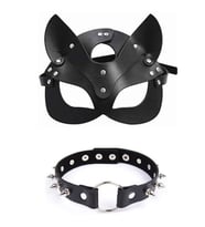 Bdsm Siyah Deriden Çivili Fantezi Fetiş Tasma ve Kedi Maske Seti
