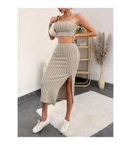 Kadın Kolsuz Askılı Crop Yırtmaçlı Midi Etek Fitilli Kaşkorse Takım