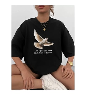 Unisex Bisiklet Yaka Baskılı Oversize T-Shirt - Siyah