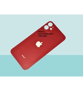 Tkgz - iPhone 11 Arka Pil Batarya Kapağı - Cam kapak Geniş Lens Deliği - KIRMIZI
