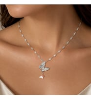 BK Gift Kelebek Figürlü Sallantılı Taşlı Kadın Kolye - Kararma Yapmayan Silver Çelik Kolye