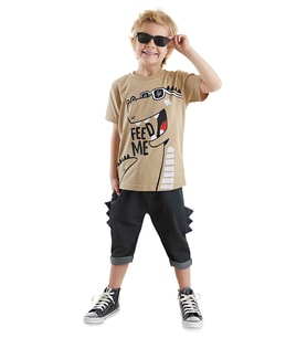 Komik Dino Erkek Çocuk T-shirt Kapri Şort Takım (Bej - Siyah)