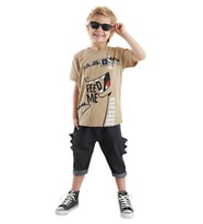 Komik Dino Erkek Çocuk T-shirt Kapri Şort Takım (Bej - Siyah)