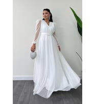 Tül Kumaş Kruvaze Yaka Maxi Elbise - BEYAZ