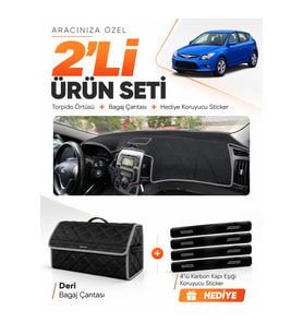 HYUNDAİ İ30 (2007-2012) Uyumlu Torpido Örtüsü + Deri Bagaj Çantası + Sticker Seti - Siyah Gri