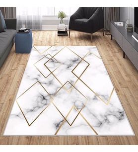 Beyaz Mermer Desenli Gold Yıkanabilir Kaymaz Taban Leke Tutmaz Modern Salon Halısı ve Yolluk