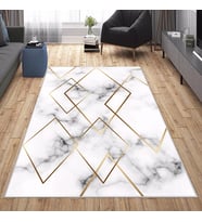 Beyaz Mermer Desenli Gold Yıkanabilir Kaymaz Taban Leke Tutmaz Modern Salon Halısı ve Yolluk