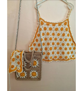 PapatyaBaharı Crop, El Yapımı Çiçekli Kısa Üst,  Papatya Desenli El Yapımı Bandana, Kemzey Handmade Giyim