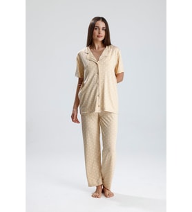 Kadın Düğmeli Puantiye Desen Kısa Kollu Pijama Takım  Bej