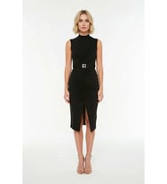 Kadın Kolsuz Dik Yaka Drape Detaylı Kemerli Midi Bodycon Esnek Örme Kalem Elbise Günlük Rahat Modern