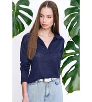 Kadın Lacivert Basic Stil Polo Yaka Uzun Kollu Keten Bluz Sweatshirt