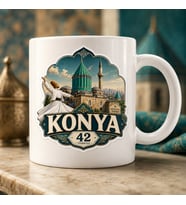 Konya 42 Mevlana Türbesi ve Semazen Tasarımlı Baskılı Kupa, Geleneksel Turkuaz Motifli Konya Memleket Hediyesi