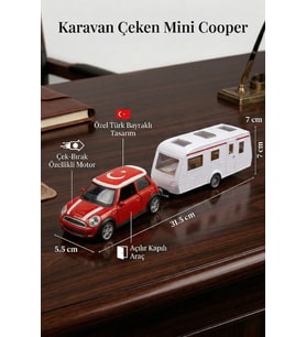Mini Cooper Karavanlı Oyuncak Araba Seti - Türk Bayraklı Çek Bırak Metal Model Araba