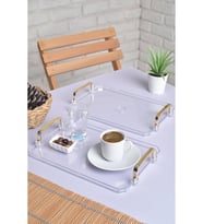 Gold Kulplu Türk Kahvesi Sunum Tepsisi  2'li Şık Set 25x17cm (Şeffaf)