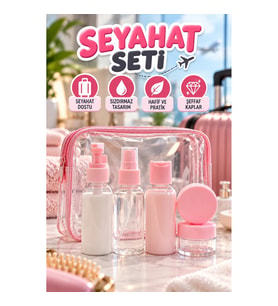 5’li Pembe Seyahat Dolum Şişesi Seti – Şeffaf Kaplar ve Fermuarlı Çanta
