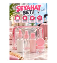 5’li Pembe Seyahat Dolum Şişesi Seti – Şeffaf Kaplar ve Fermuarlı Çanta