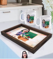 BK Gift Kişiye Özel Kadın Öğretmen Karikatürlü Doğal Ahşap Tepsi ve 2’li Kupa Bardak Seti-1