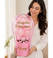 Kişiye Özel İsim Baskılı Pembe Silindir Kutuda Pembe Ayıcıklı Kız Bebek Balon Kutusu