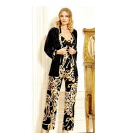 Jeremi 2916 Saten Desenli Üçlü Pijama Takımı (Siyah)