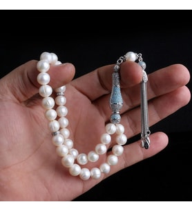 Zirkon Taş 925 Ayar Gümüş Püsküllü Doğal İnci Taşı Tesbih