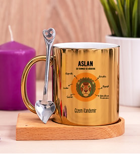 Kişiye Özel Aslan Burcuna Hediye Ahşap Altlıklı Gold Kupa Bardak