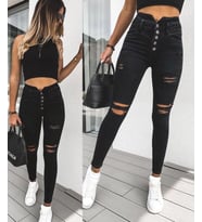 Yüksek Bel Çok Düğmeli Ve Yırtık Detaylı Kot Pantolon Jean (Siyah)