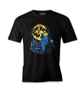 Wolf Howling in a Blue Forest with a Golden Moon Siyah Erkek Tshirt