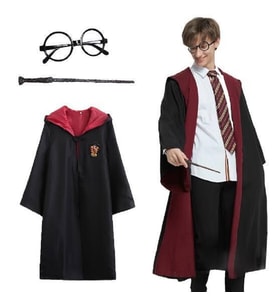 Harry Potter Gryffindor Kapişonlu Çocuk Kostüm + Asa + Gözlük Seti 7-8 Yaş