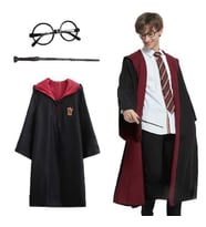 Harry Potter Gryffindor Kapişonlu Çocuk Kostüm + Asa + Gözlük Seti 7-8 Yaş