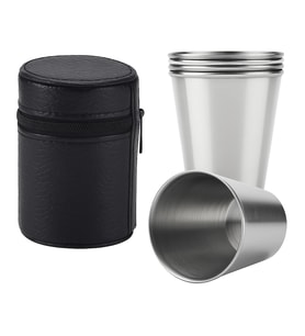4'lü Paslanmaz Çelik Shot Kahve Kamp Bardağı Seti 70 ml Deri Kılıflı Mini Bardak (Gümüş)