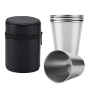 4'lü Paslanmaz Çelik Shot Kahve Kamp Bardağı Seti 70 ml Deri Kılıflı Mini Bardak (Gümüş)