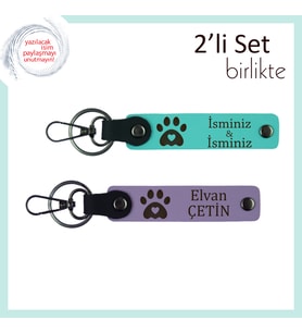 Yeni Kedi Sahiplenenlere Uygun Hatıra Hediyelik, Kalpli Pati Desenli Deri Set, Turkuaz-Mor Menekşe