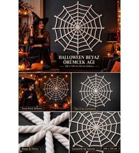 Halloween Cadılar Bayramı Beyaz Örümcek Ağı 160x120 cm İp Görünümlü Asma Duvar Süsü Parti Dekoru