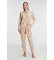 Kadın Açık Kahve Uzun Kollu Çiçek Desenli Paça Kısmı Lastik Detaylı Pamuklu  Pijama Takımı (Renksiz)