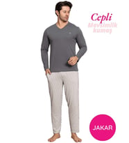 Guava Erkek Düğmesiz Çizgili Jakar Kumaş Mevsimlik Kol Manşetli Uzun Kol Cepli Pijama Takımı (Koyu Gri)