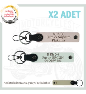 Motor Tutkunlarına Özel, İsim Plaka ve B Rh (+) Kan Grubu Yazılı Deri x2 Anahtarlık, Pudra-Beyaz-SK