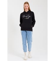 Kadın Kapşonlu  Oversize Fit El Yazılı Brooklyn Baskılı İnce Sweatshirt SPR23SWk361 (Siyah)