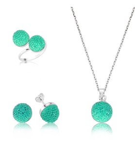 925 Ayar Gümüş Yeşil Kristal Taşlı Set