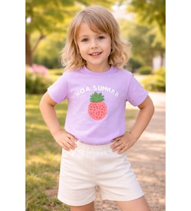 Kız Çocuk Hola Summer Yazılı Ananas Baskılı Tişört - MOR / 3 YAŞ