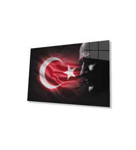 Atatürk Bayrak  Atatürk Silüetli Gölgesiz Siyah Fonlu Cam Tablo  4mm Dayanıklı Temperli Cam Atatürk (Çok Renkli)