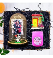 Kişiye Özel Fotoğraflı Pandalı Fanus (Işıklı), Kokulu Pembe Mum ve Magnet 